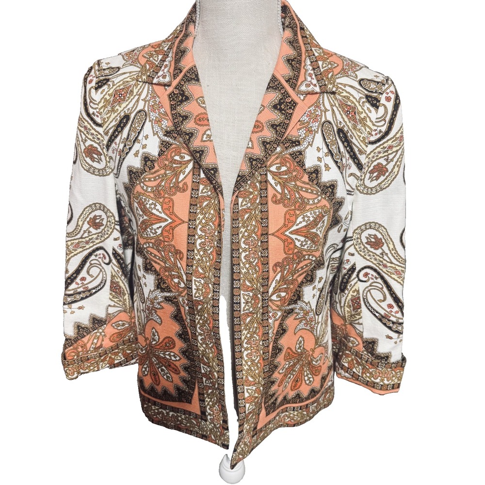 Talbots Womens Size 4 Orange Paisley Open Front Blazer Jacket Career Fall